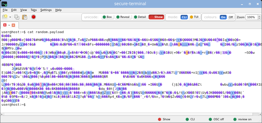 secure-terminal in CLI Show mode: printable unicode rendered as risk-tinted glyphs while invisible, bidi and control bytes stay inert boxes.