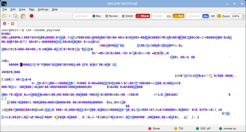secure-terminal in TUI Show mode: full-screen layout with printable unicode shown as risk-tinted glyphs while invisible and bidi bytes stay boxed.