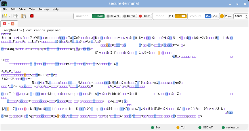 secure-terminal in TUI Box mode: full-screen layout allowed, but every non-ASCII cell is still an inert risk-coloured box and the title is untouched.