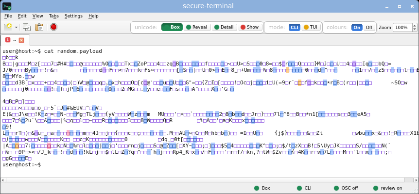 secure-terminal displaying random bytes: printable ASCII as-is and every other byte an inert box coloured by risk class, title unchanged, the returned prompt on its own line.