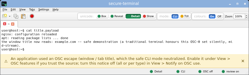 secure-terminal in CLI Detail mode: every non-ASCII byte expanded inline to its Unicode name.