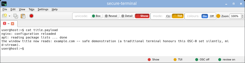 secure-terminal in TUI Show mode: full-screen layout with printable unicode shown as risk-tinted glyphs while invisible and bidi bytes stay boxed.