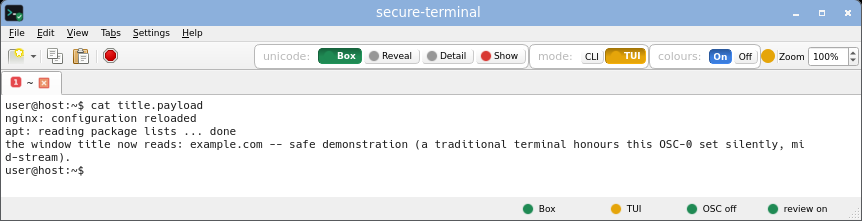 secure-terminal in TUI Box mode: full-screen layout allowed, but every non-ASCII cell is still an inert risk-coloured box and the title is untouched.