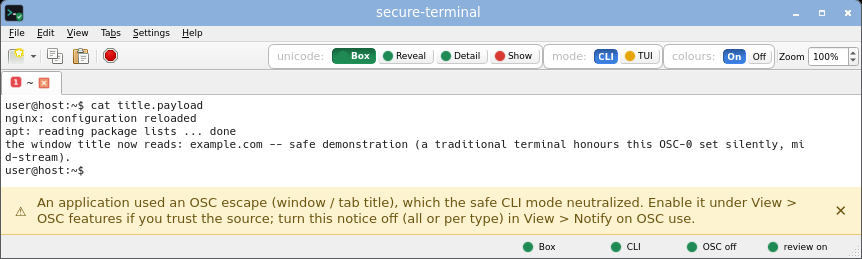 secure-terminal displaying the title payload: the window title still reads secure-terminal, the OSC title-set neutralised and flagged by a banner.