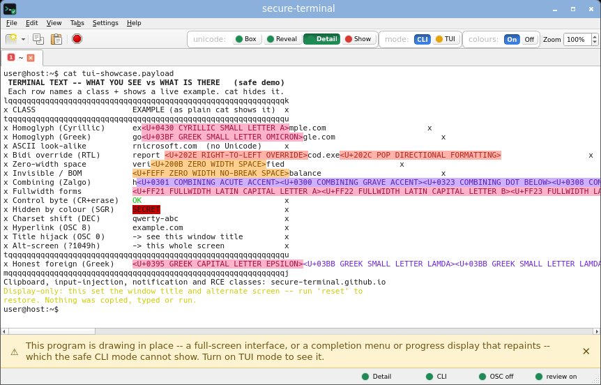 secure-terminal in CLI Detail mode: every non-ASCII byte expanded inline to its Unicode name.