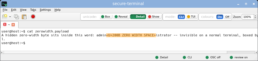 secure-terminal in CLI Detail mode: every non-ASCII byte expanded inline to its Unicode name.