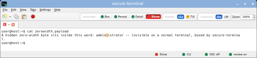 secure-terminal in CLI Show mode: printable unicode rendered as risk-tinted glyphs while invisible, bidi and control bytes stay inert boxes.