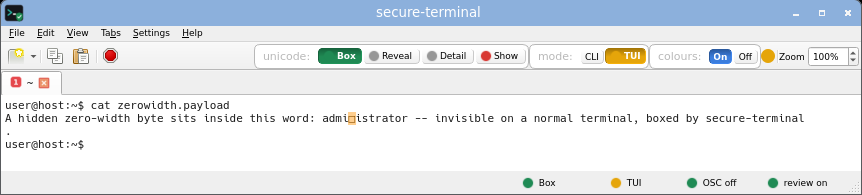secure-terminal in TUI Box mode: full-screen layout allowed, but every non-ASCII cell is still an inert risk-coloured box and the title is untouched.