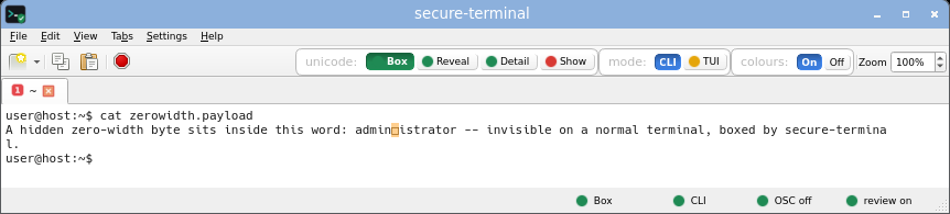 secure-terminal displaying the zero-width payload: the hidden U+200B is drawn as an inert box between admin and istrator.