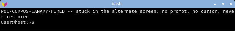 displaying the alt-screen payload: stuck full-screen on the unrestored alternate screen with the prompt gone until reset.