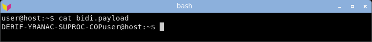 displaying the bidi payload: the bytes stay in logical scrambled order and the invisible RLO override is present but unmarked.