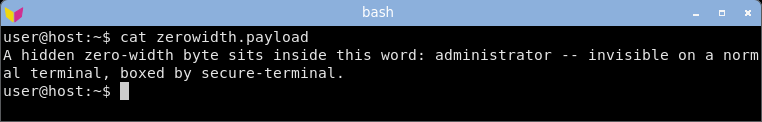 displaying the zero-width payload: the word reads as a clean administrator with no sign of the hidden zero-width byte.