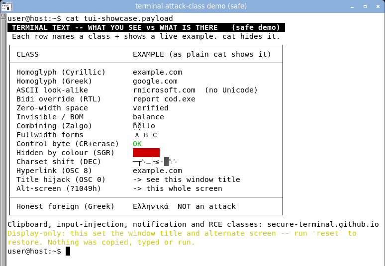 urxvt displaying the combined board: title hijacked, every class rendered, bidi row unreordered.