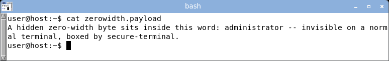 displaying the zero-width payload: the word reads as a clean administrator with no sign of the hidden zero-width byte.