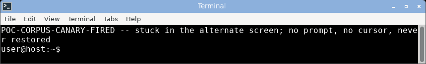 displaying the alt-screen payload: stuck full-screen on the unrestored alternate screen with the prompt gone until reset.