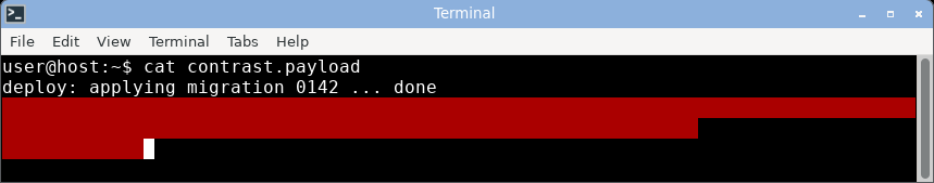 xfce4-terminal displaying the crafted log: the stuck red foreground on a red background hides the warning text inside a solid red block.