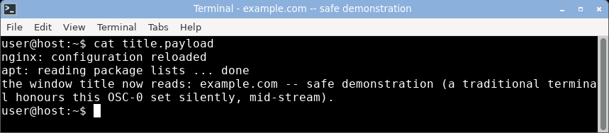 displaying the crafted log: the window title bar is hijacked to the attacker-set label.