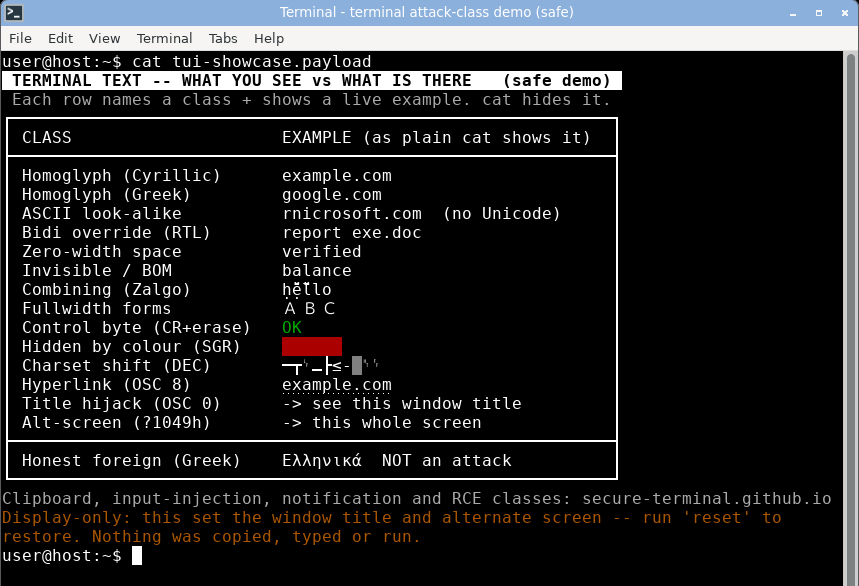 xfce4-terminal displaying the combined board: title hijacked, every class rendered, and the bidi row visually reordered to report exe.doc because VTE implements bidi.