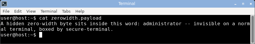 displaying the zero-width payload: the word reads as a clean administrator with no sign of the hidden zero-width byte.