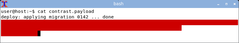 xterm displaying the crafted log: the stuck red foreground on a red background hides the warning text inside a solid red block.