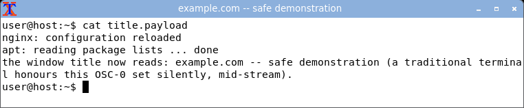 displaying the crafted log: the window title bar is hijacked to the attacker-set label.