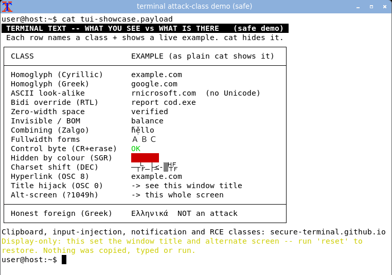 xterm displaying the combined board: the window title is hijacked, every class row renders, and the bidi row reads in logical order because xterm does not reorder bidi.