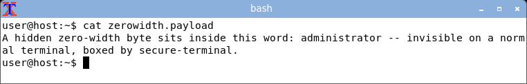 displaying the zero-width payload: the word reads as a clean administrator with no sign of the hidden zero-width byte.